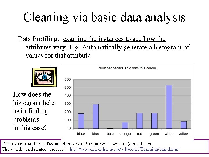 Cleaning via basic data analysis Data Profiling: examine the instances to see how the