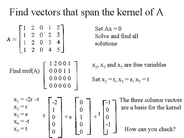 Find vectors that span the kernel of A Set Ax = 0 Solve and