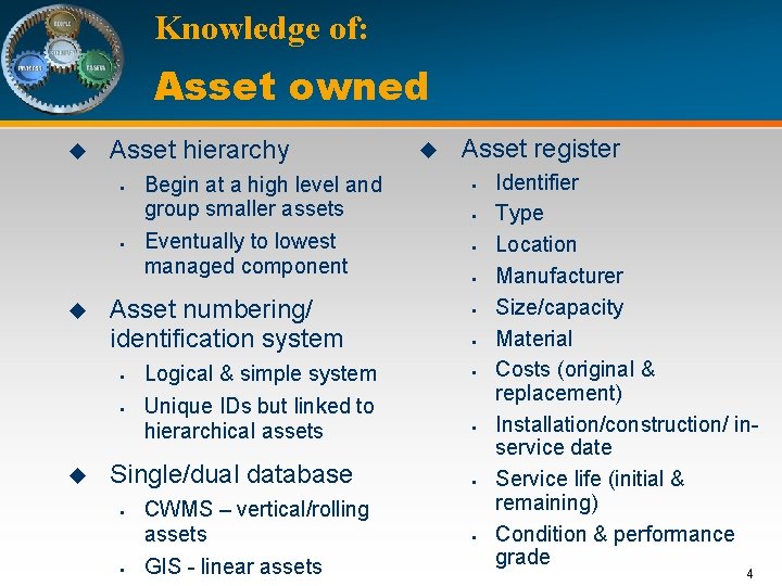 Knowledge of: Asset owned u Asset hierarchy § § u Asset numbering/ identification system
