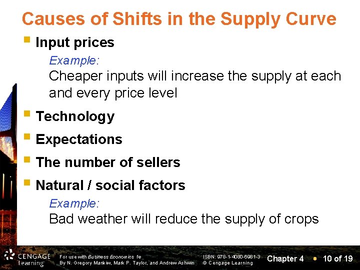 Causes of Shifts in the Supply Curve § Input prices Example: Cheaper inputs will