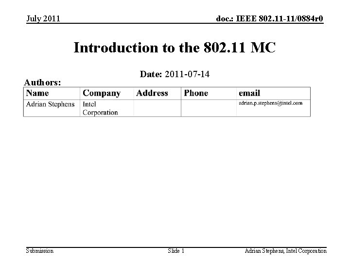 July 2011 doc. : IEEE 802. 11 -11/0884 r 0 Introduction to the 802.