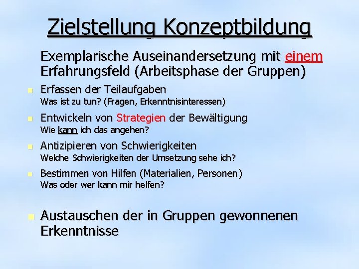 Zielstellung Konzeptbildung Exemplarische Auseinandersetzung mit einem Erfahrungsfeld (Arbeitsphase der Gruppen) Erfassen der Teilaufgaben Was