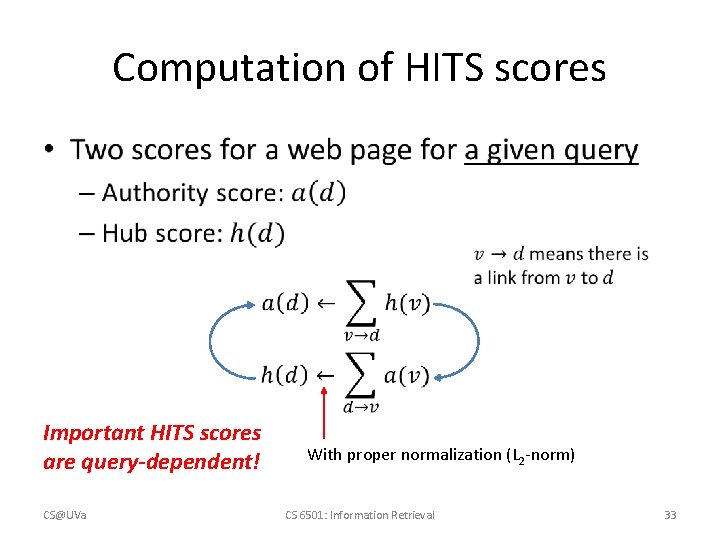 Computation of HITS scores • Important HITS scores are query-dependent! CS@UVa With proper normalization