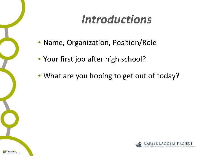 Introductions • Name, Organization, Position/Role • Your first job after high school? • What