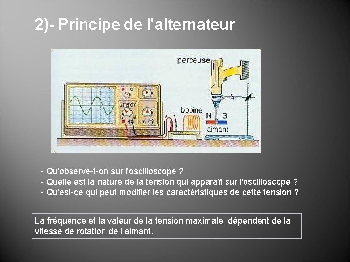 2)- Principe de l'alternateur - Qu'observe-t-on sur l'oscilloscope ? - Quelle est la nature 2)- Principe de l'alternateur - Qu'observe-t-on sur l'oscilloscope ? - Quelle est la nature