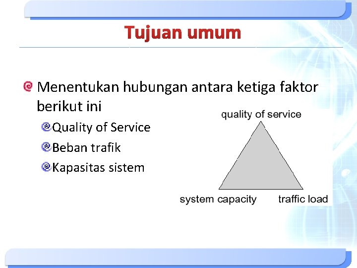 Tujuan umum Menentukan hubungan antara ketiga faktor berikut ini Quality of Service Beban trafik