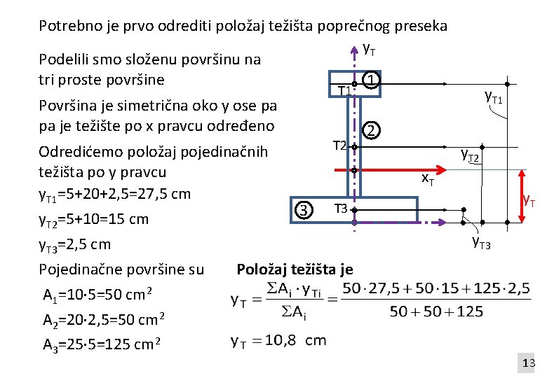 Potrebno je prvo odrediti položaj težišta poprečnog preseka y. T Podelili smo složenu površinu