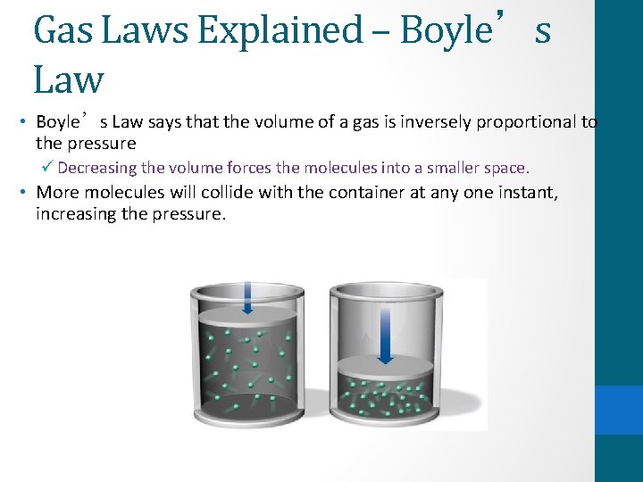 Gas Laws Explained – Boyle’s Law • Boyle’s Law says that the volume of