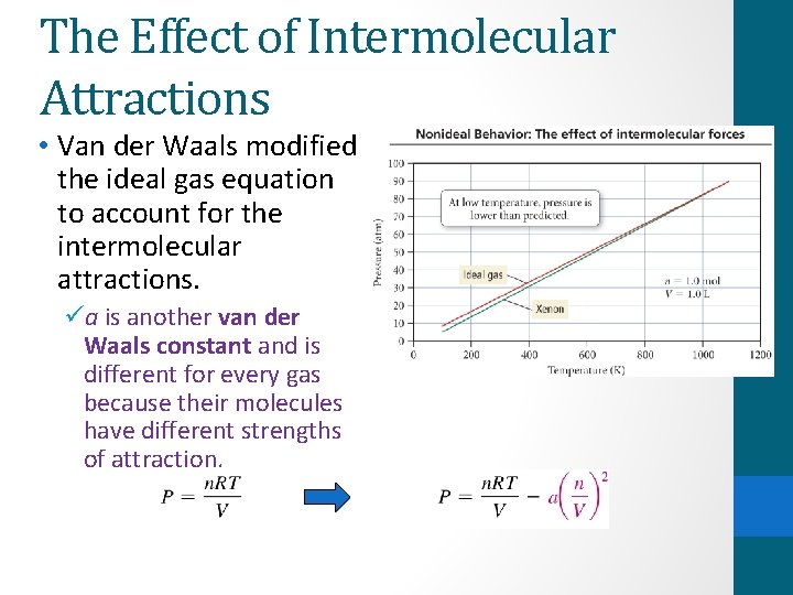 The Effect of Intermolecular Attractions • Van der Waals modified the ideal gas equation