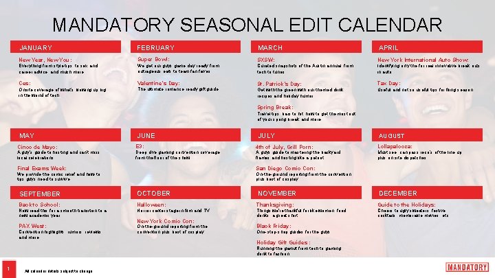 MANDATORY SEASONAL EDIT CALENDAR JANUARY FEBRUARY MARCH APRIL New Year, New You: Super Bowl: