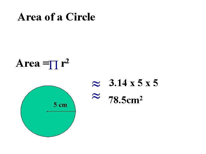 Area of a Circle Area = r 2 3. 14 x 5 ∙ 5
