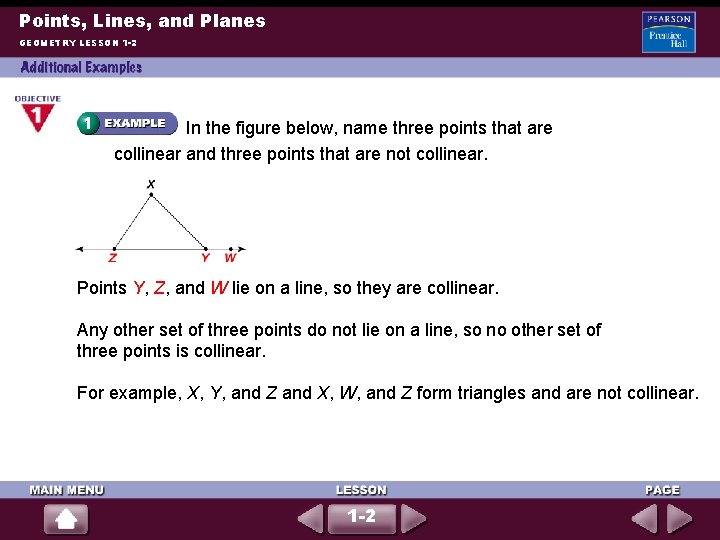 Points, Lines, and Planes GEOMETRY LESSON 1 -2 In the figure below, name three