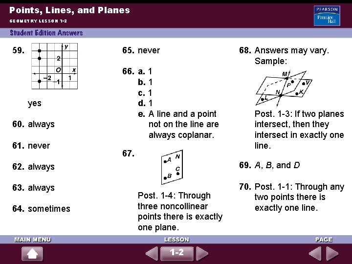 Points, Lines, and Planes GEOMETRY LESSON 1 -2 59. 65. never yes 60. always Points, Lines, and Planes GEOMETRY LESSON 1 -2 59. 65. never yes 60. always