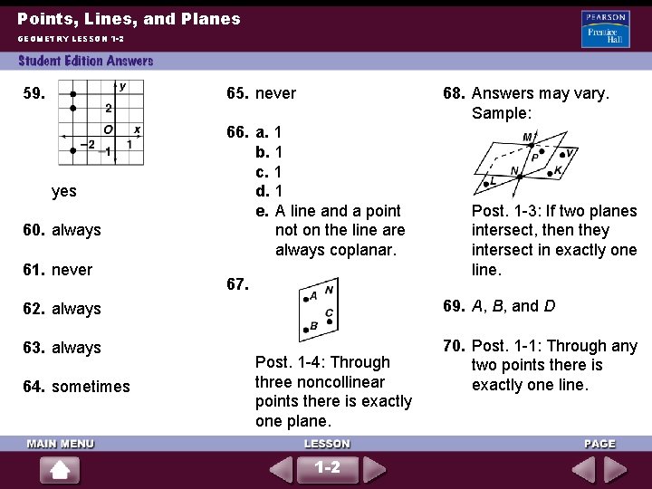 Points, Lines, and Planes GEOMETRY LESSON 1 -2 59. 65. never yes 60. always