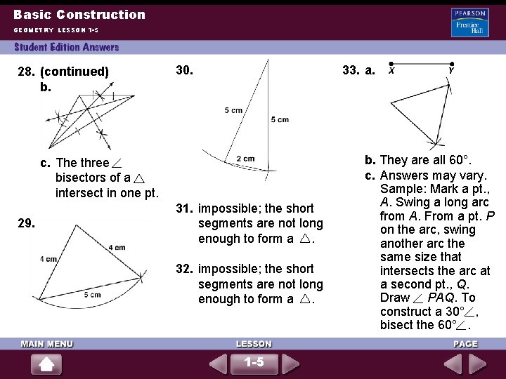 Basic Construction GEOMETRY LESSON 1 -5 28. (continued) b. 30. 33. a. c. The