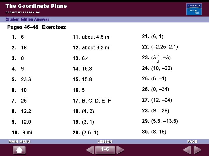 The Coordinate Plane GEOMETRY LESSON 1 -6 Pages 46– 49 Exercises 1. 6 11.