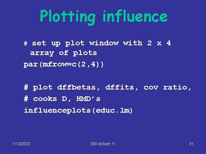 Plotting influence # set up plot window with 2 x 4 array of plots