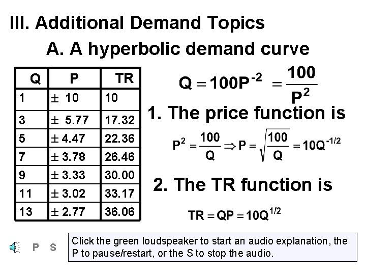 III. Additional Demand Topics A. A hyperbolic demand curve Q P TR 1 10