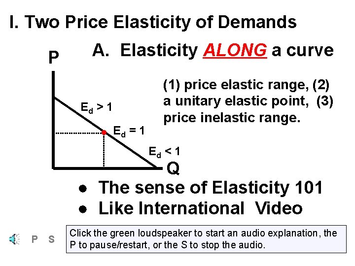 I. Two Price Elasticity of Demands P A. Elasticity ALONG a curve Ed >