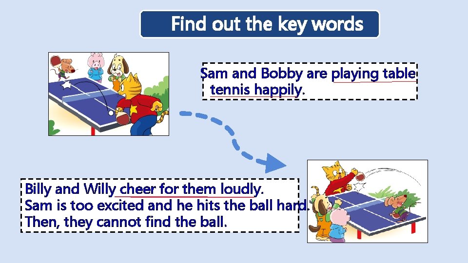 Find out the key words Sam and Bobby are playing table tennis happily. Billy