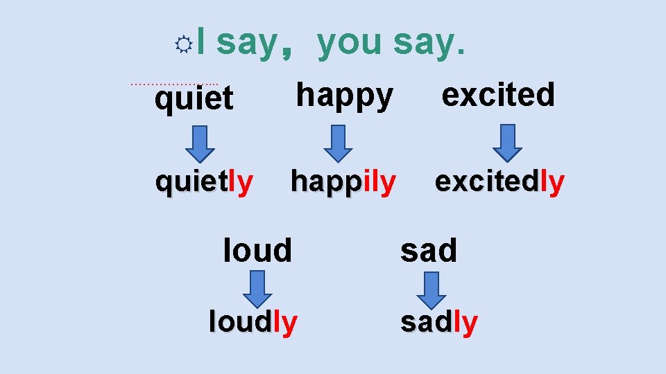  I say，you say. ………………. . quiet happy excited quietly quiet happily happ excitedly