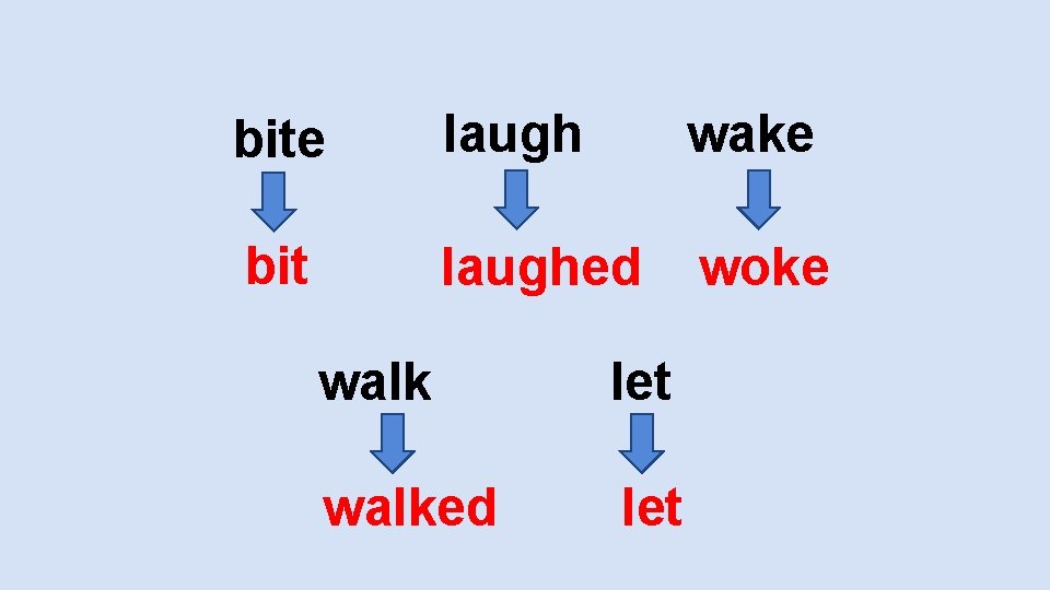 bite laugh wake bit laughed woke walk let walked let 