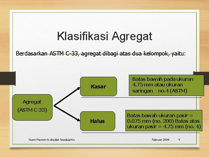 Klasifikasi Agregat Berdasarkan ASTM C-33, agregat dibagi atas dua kelompok, yaitu: Kasar Batas bawah