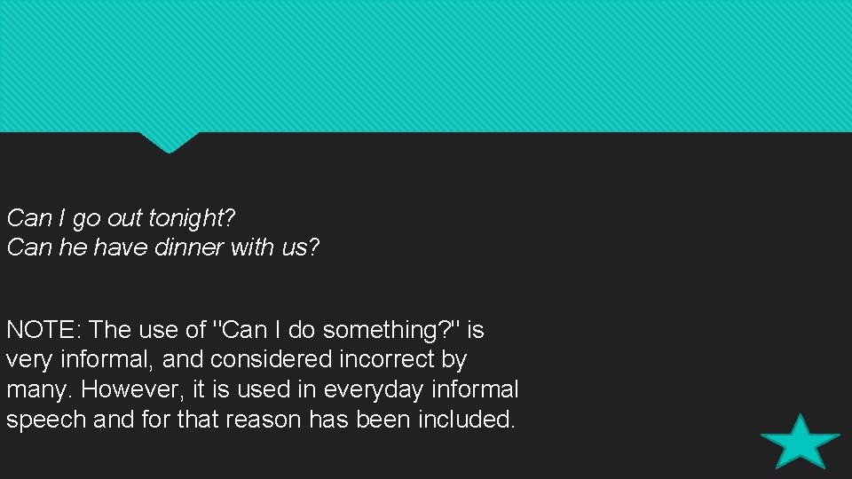 Can I go out tonight? Can he have dinner with us? NOTE: The use