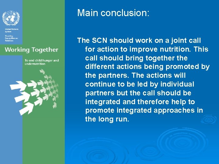 Main conclusion: The SCN should work on a joint call for action to improve