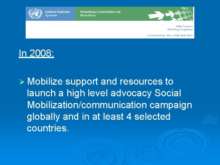In 2008: Ø Mobilize support and resources to launch a high level advocacy Social