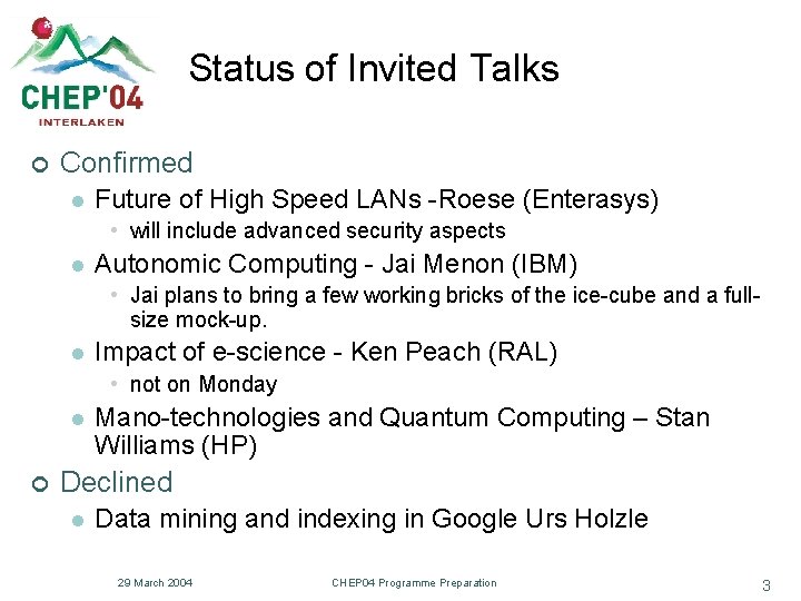 Status of Invited Talks ¢ Confirmed l Future of High Speed LANs -Roese (Enterasys)