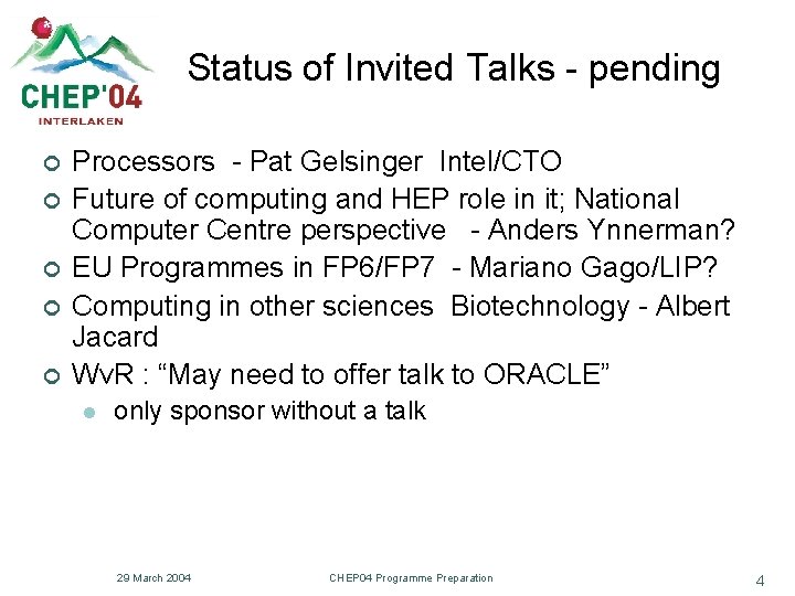 Status of Invited Talks - pending ¢ ¢ ¢ Processors - Pat Gelsinger Intel/CTO
