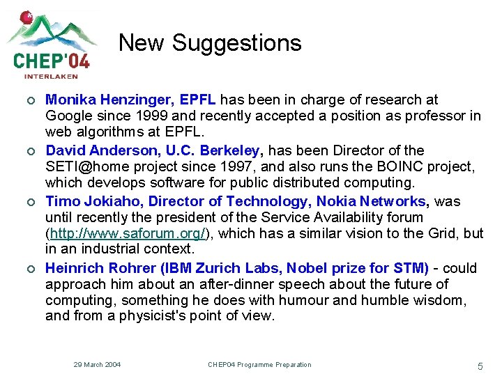New Suggestions ¢ ¢ Monika Henzinger, EPFL has been in charge of research at