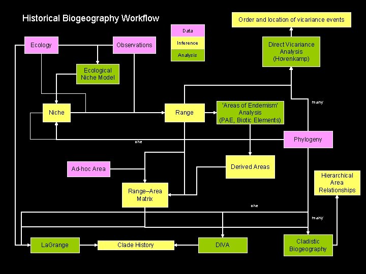 Historical Biogeography Workflow Order and location of vicariance events Data Ecology Observations Inference Direct