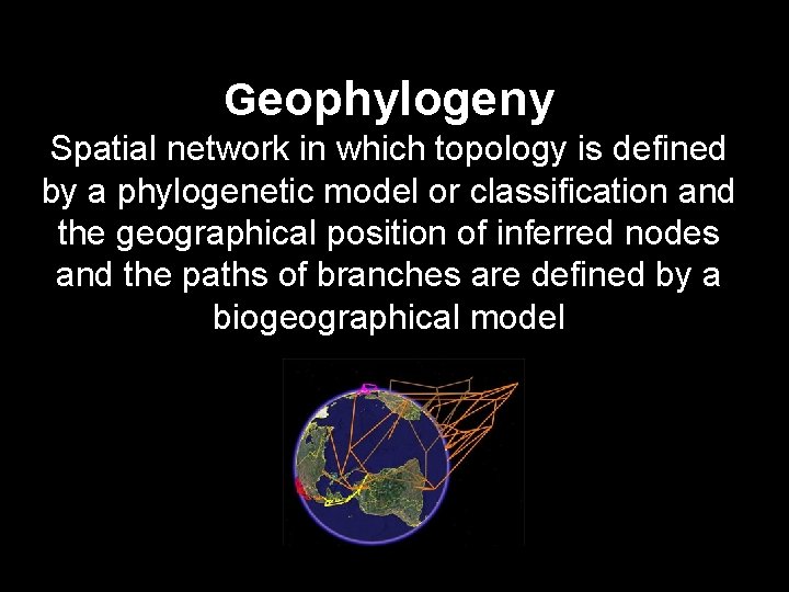 Geophylogeny Spatial network in which topology is defined by a phylogenetic model or classification