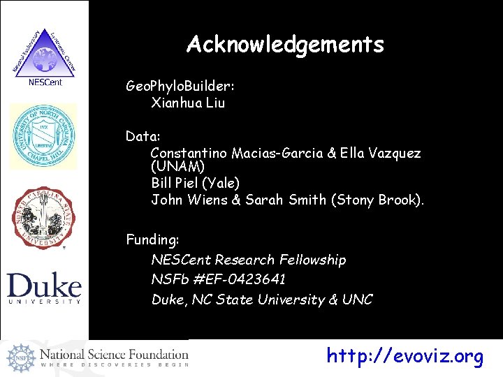 Acknowledgements Geo. Phylo. Builder: Xianhua Liu Data: Constantino Macias-Garcia & Ella Vazquez (UNAM) Bill