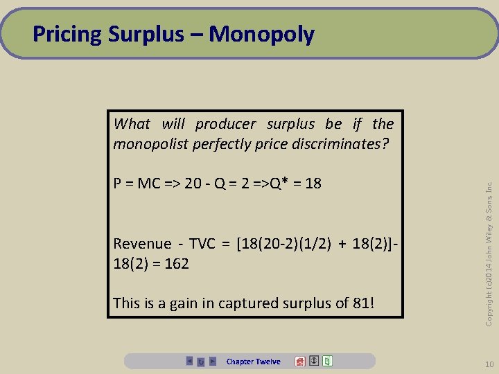 Pricing Surplus – Monopoly P = MC => 20 - Q = 2 =>Q*