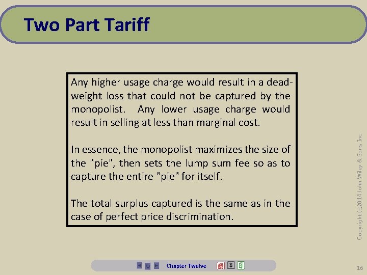 Two Part Tariff In essence, the monopolist maximizes the size of the "pie", then