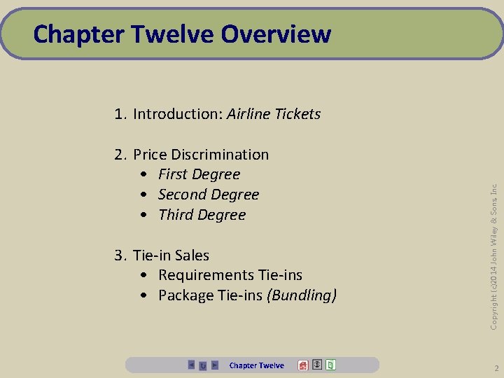 Chapter Twelve Overview 2. Price Discrimination • First Degree • Second Degree • Third