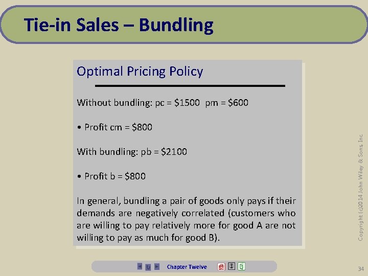 Tie-in Sales – Bundling Optimal Pricing Policy Without bundling: pc = $1500 pm =