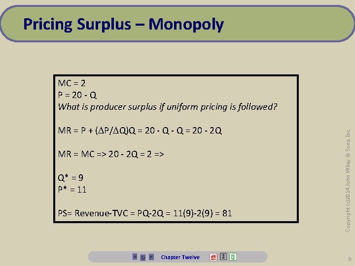 Pricing Surplus – Monopoly MR = P + ( P/ Q)Q = 20 -