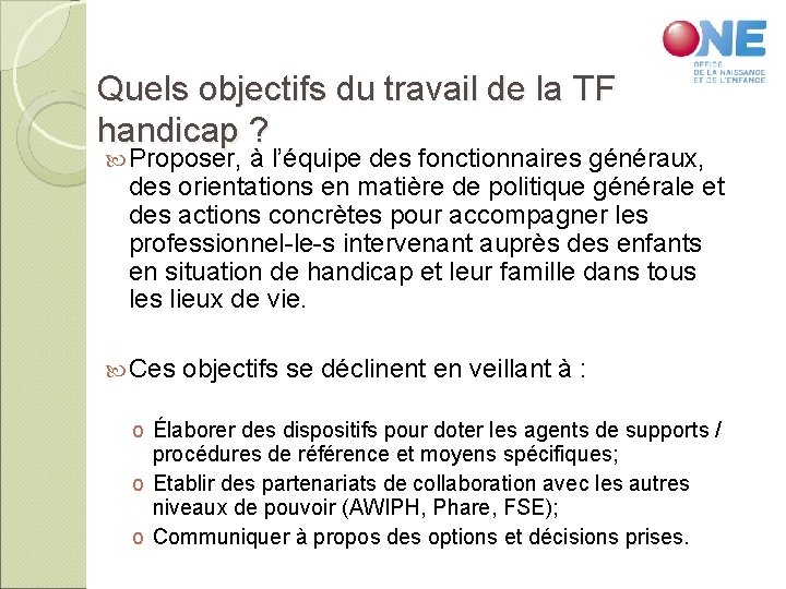 Quels objectifs du travail de la TF handicap ? Proposer, à l’équipe des fonctionnaires