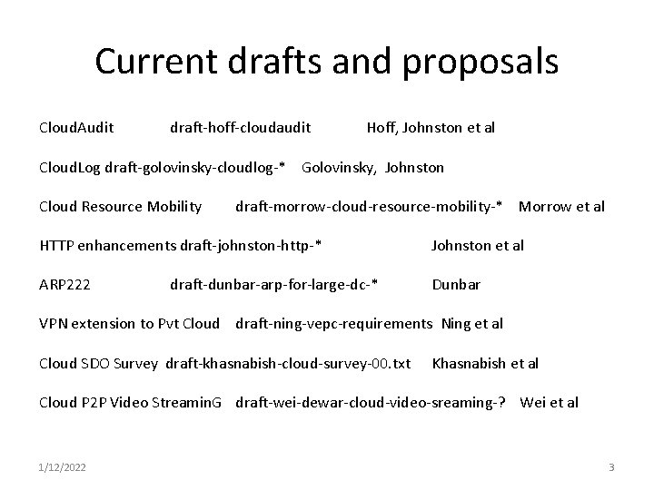 Current drafts and proposals Cloud. Audit draft-hoff-cloudaudit Hoff, Johnston et al Cloud. Log draft-golovinsky-cloudlog-*