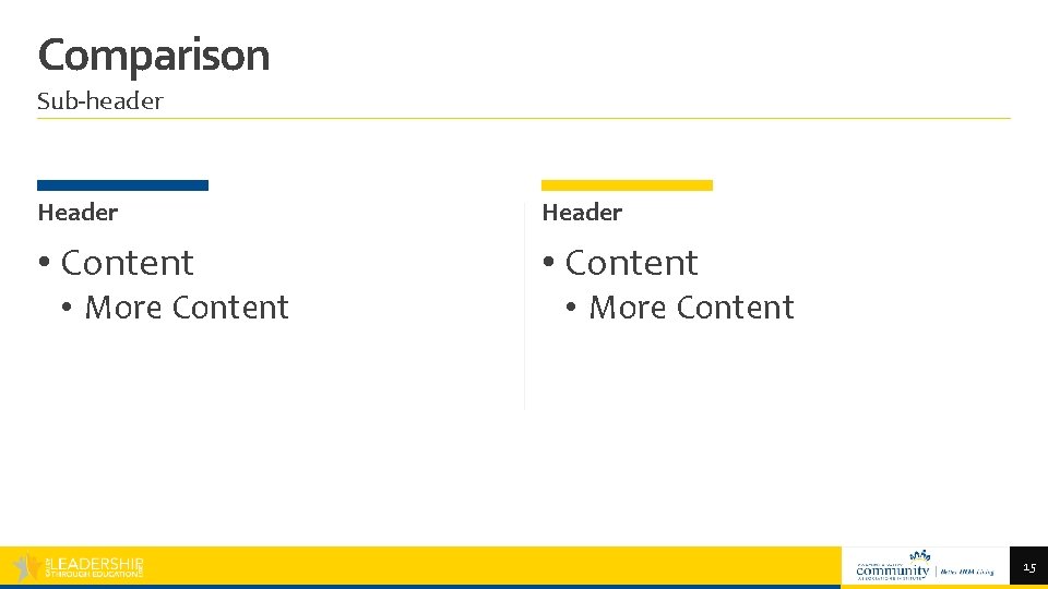 Comparison Sub-header Header • Content • More Content 15 