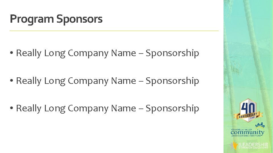 Program Sponsors • Really Long Company Name – Sponsorship 