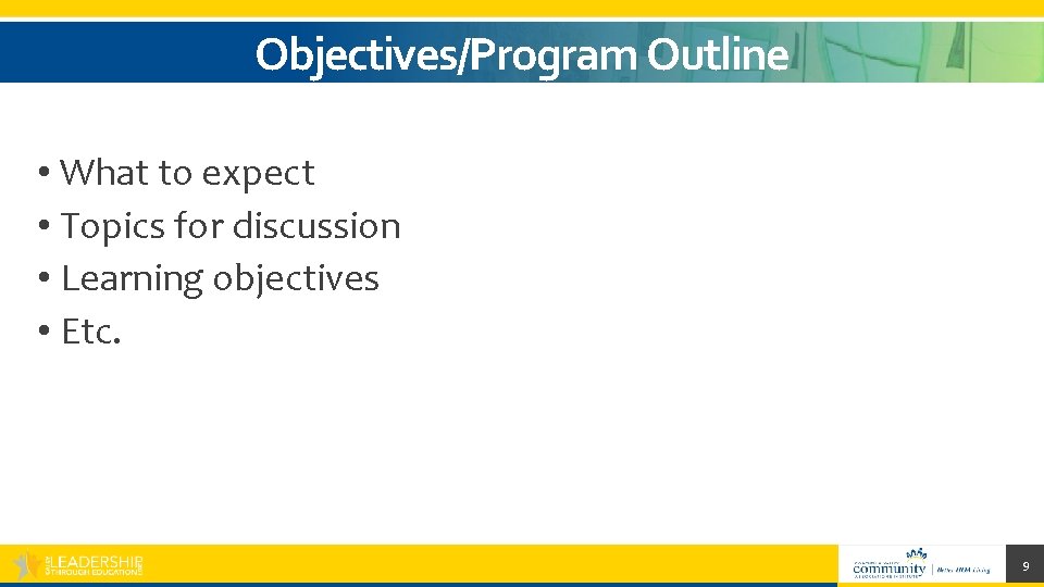 Objectives/Program Outline • What to expect • Topics for discussion • Learning objectives •