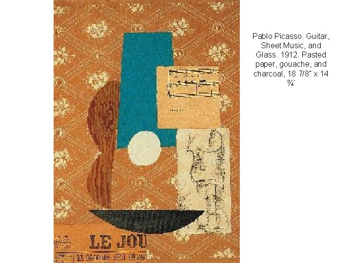 Pablo Picasso. Guitar, Sheet Music, and Glass. 1912. Pasted paper, gouache, and charcoal, 18