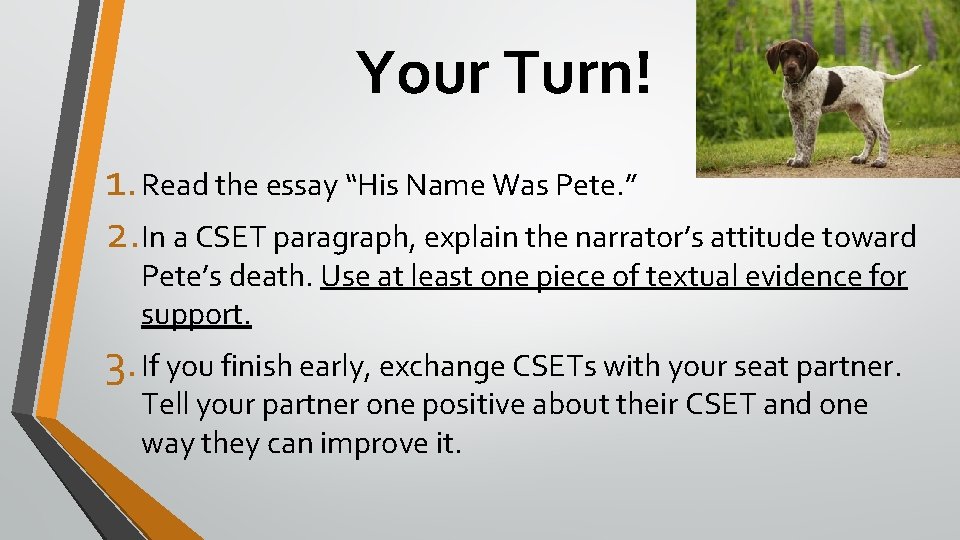 Your Turn! 1. Read the essay “His Name Was Pete. ” 2. In a Your Turn! 1. Read the essay “His Name Was Pete. ” 2. In a