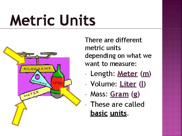 Metric Units There are different metric units depending on what we want to measure: