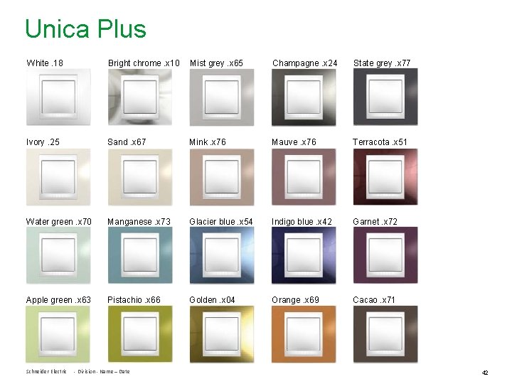 Unica Plus White. 18 Bright chrome. x 10 Mist grey. x 65 Champagne. x